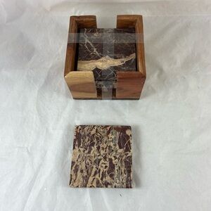 Thirstystone Set Of 4 Cherry Marble Coasters With Wood Holder 4x4 Square NEW